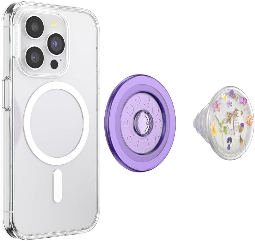 PopSockets Phone Grip for MagSafe with Kickstand, Magnetic Stand, Swappable Top, Secure Hold for iPhone MagSafe Cases, Phone & Tablet Grip, Flower - Purple Fields