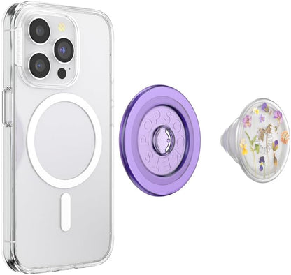 PopSockets Phone Grip for MagSafe with Kickstand, Magnetic Stand, Swappable Top, Secure Hold for iPhone MagSafe Cases, Phone & Tablet Grip, Flower - Purple Fields