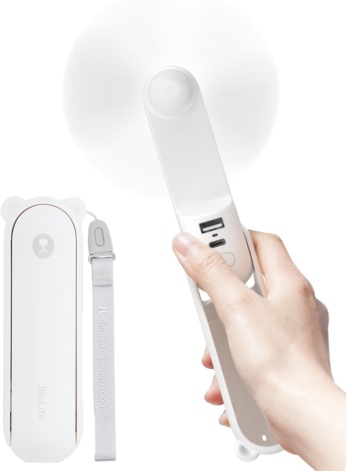 JISULIFE Handheld Fan with 4500 mAh Powerbank Max 37 Hours Runtime, Pocket Portable Battery Operated or USB Powered Folding Personal Fan, 3 Speeds, Gifts for Women Men Kids Gift for Festival-White