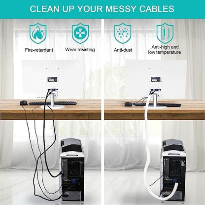20ft - 1 inch White Cable Sleeve, Cable Organizer for Desk PC TV Computer, Wire Protector Cable Wrap Cover, Cord Management for Home Office