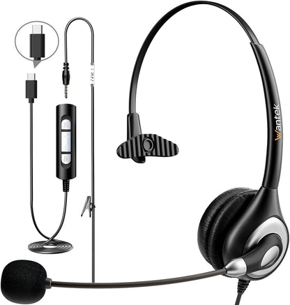 Wantek Headset with Microphone for PC Wired Headphones - USB C 3.5mm Headsets with Noise-Cancelling Microphone for Laptop