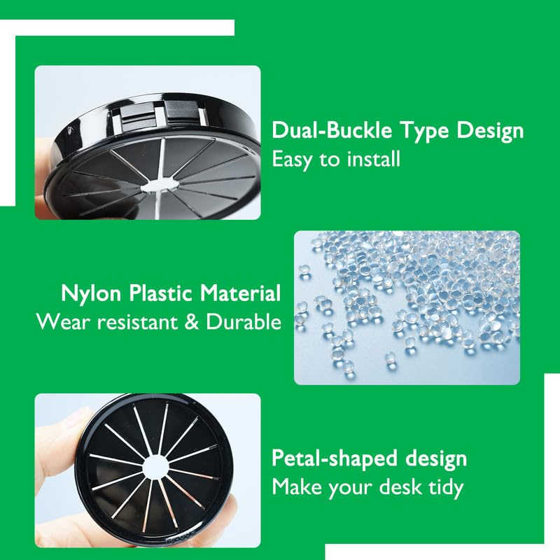 8PCS Cable Grommets, 2-3/8"(60mm) Desk Hole Cover Petal Shaped Buckle Type Nylon Snap Bushing Grommet, Wire Hole Cover Insert for Cables and Cords Management and Protection of Cabinet, Black