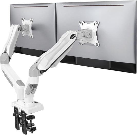 HUANUO Dual Monitor Stand - Full Adjustable Monitor Desk Mount Swivel Vesa Bracket with C Clamp, Grommet Mounting Base for 13 to 32 Inch Computer Screens - Each Arm Holds 4.4 to 19.8lbs - White