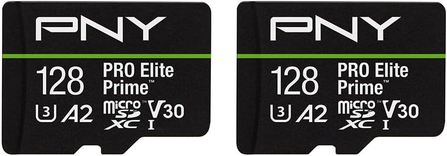 PNY 128GB PRO Elite Prime C10 U3 V30 A2 microSDXC Flash Memory Card – Ultra-Fast Speeds, Read 200MB/s, Write 150MB/s, 4K UHD, Full HD, UHS-I, for Smartphones, Drones, Action Cameras, 2-Pack