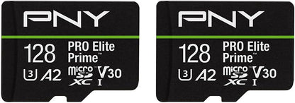 PNY 128GB PRO Elite Prime C10 U3 V30 A2 microSDXC Flash Memory Card – Ultra-Fast Speeds, Read 200MB/s, Write 150MB/s, 4K UHD, Full HD, UHS-I, for Smartphones, Drones, Action Cameras, 2-Pack