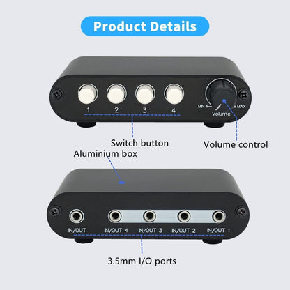 4-Way 3.5mm Stereo Audio Switch Input Signal Source Switcher Selector Splitter Box with line Volume Controller (4 in 1 Out / 1 in 4 Out) -MC41