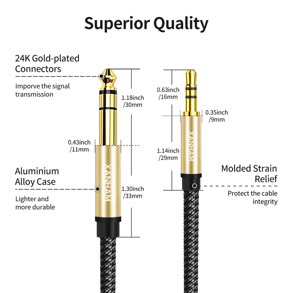 3.5mm to 1/4 Stereo Audio Cable 10 Feet /3M, 1/8" to 6.35mm 1/4" TRS Male Aux Cord Double Shielded with Braiding for Guitar, Amplifiers, PC, Home Theater, Speaker, etc.
