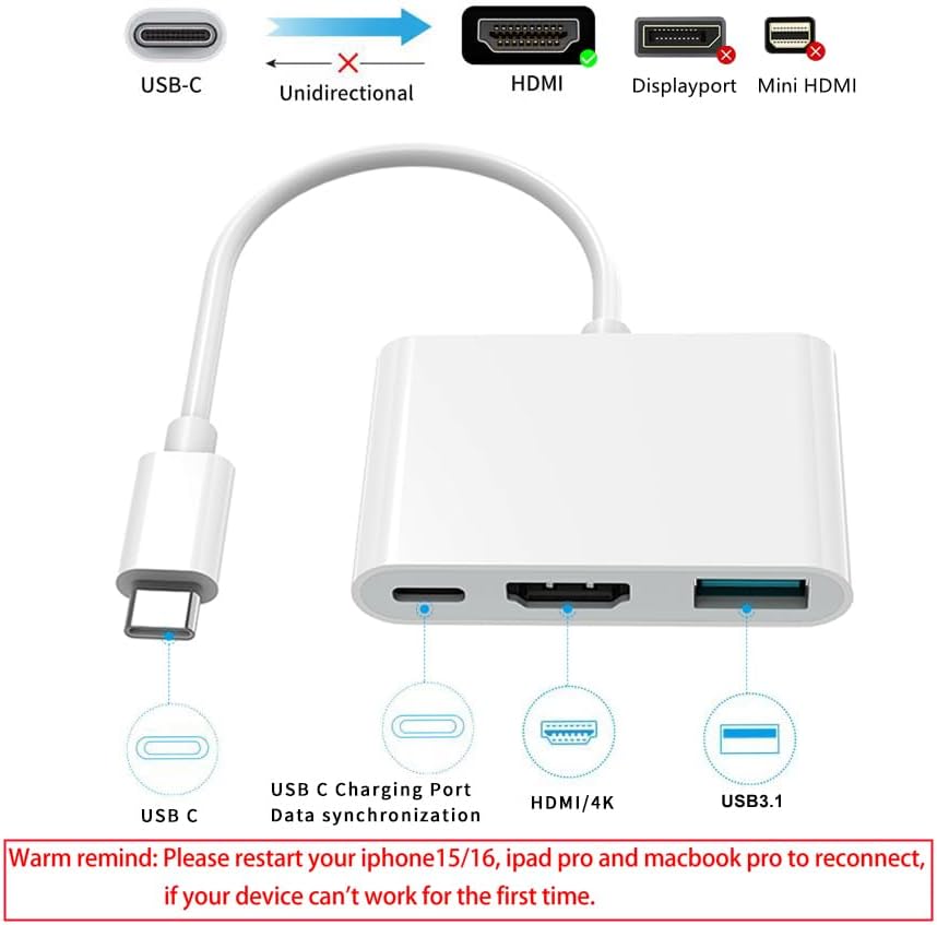AIRSKY USB-C Digital Av Multiport Adapter, USB C to HDMI Adapter for iPhone 15/16 to TV with Fast Charging Port Two-Way, USB3.1 and 4K HDMI Output Compatible with Iphone15 / 16 Ipad pro Mackbook Pro