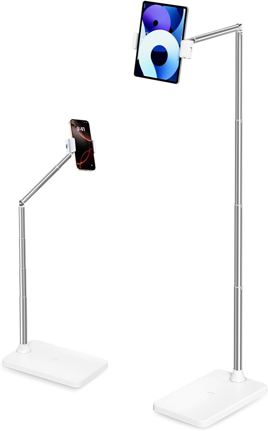 Extended Tablet Floor Stand, 360 Rotating Adjustable iPad Floor Holder with Long Flexible Arm, Compatible with 4-13" Devices, Stand for Bedside, Sofaside, Table, Desk (White)