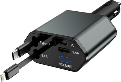 66W Retractable Car Charger,CarCharger Fast Charging 4 in 1 Car Phone Charger Retractable USB C Cable,Type C to Lightning Cord,USB C Port and USB A Port Fast Charging for iPhone 16/15/14,iPad