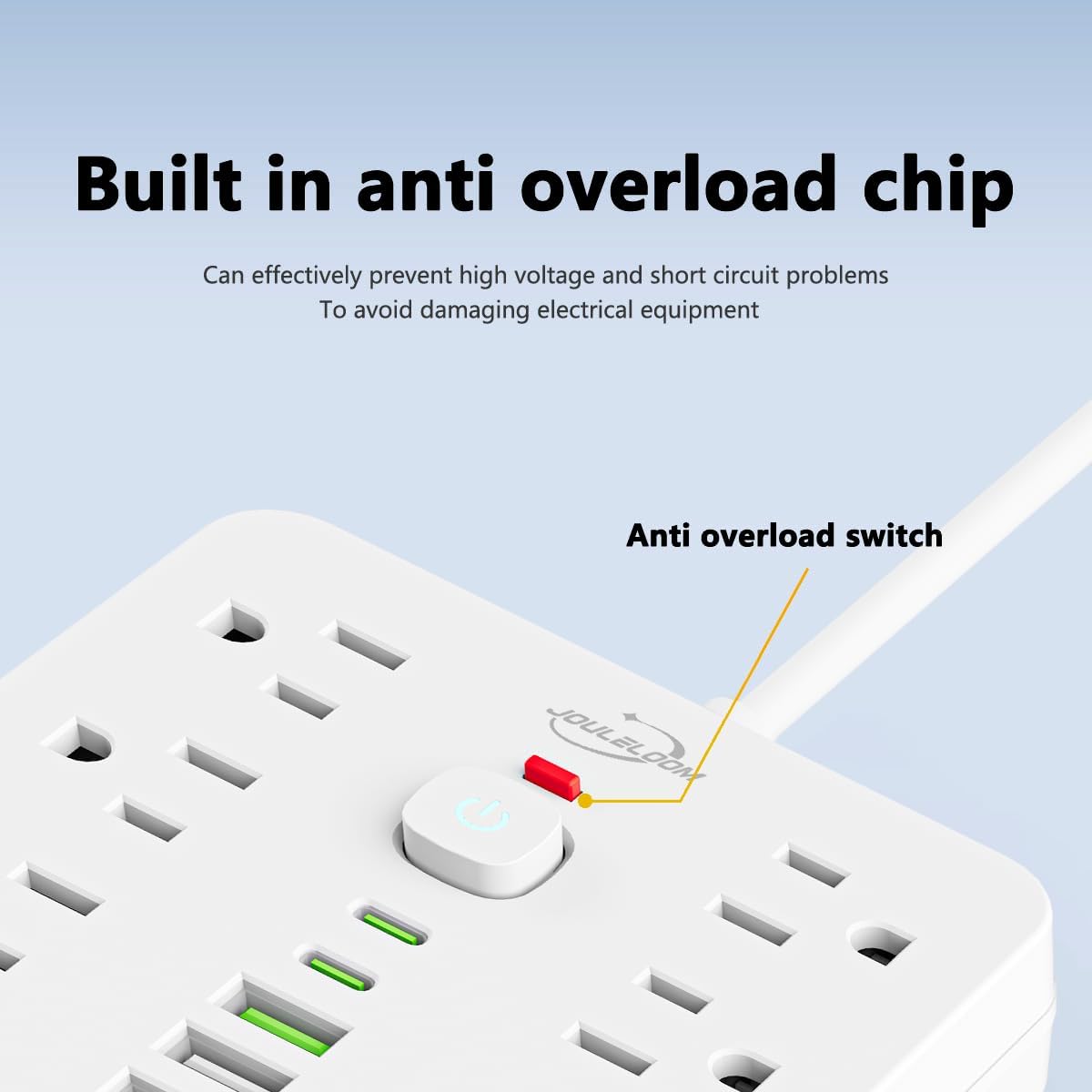 10 FT Flat Plug Surge Protector Power Strip,11 Multiple AC Outlets with 6 USB Ports (2 USB C), 6 Feet Extension Cord, 1250W/10A, One Touch Switch Button, White