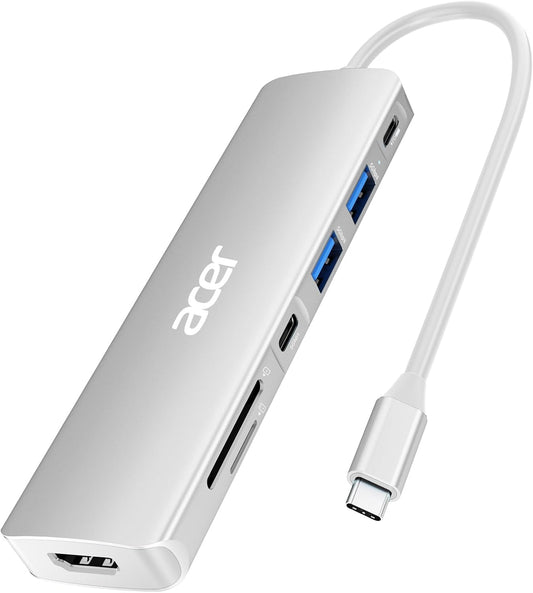 Acer USB C Dock, 7 in 1 USB C to HDMI Hub, 2 USB 3.1 GEN1 and 5Gbps Type-C Data Port, 4K HDMI Port, PD 100W Charging, SD Card Reader, for iPad Pro MacBook Pro Acer Laptops and More (Silver)