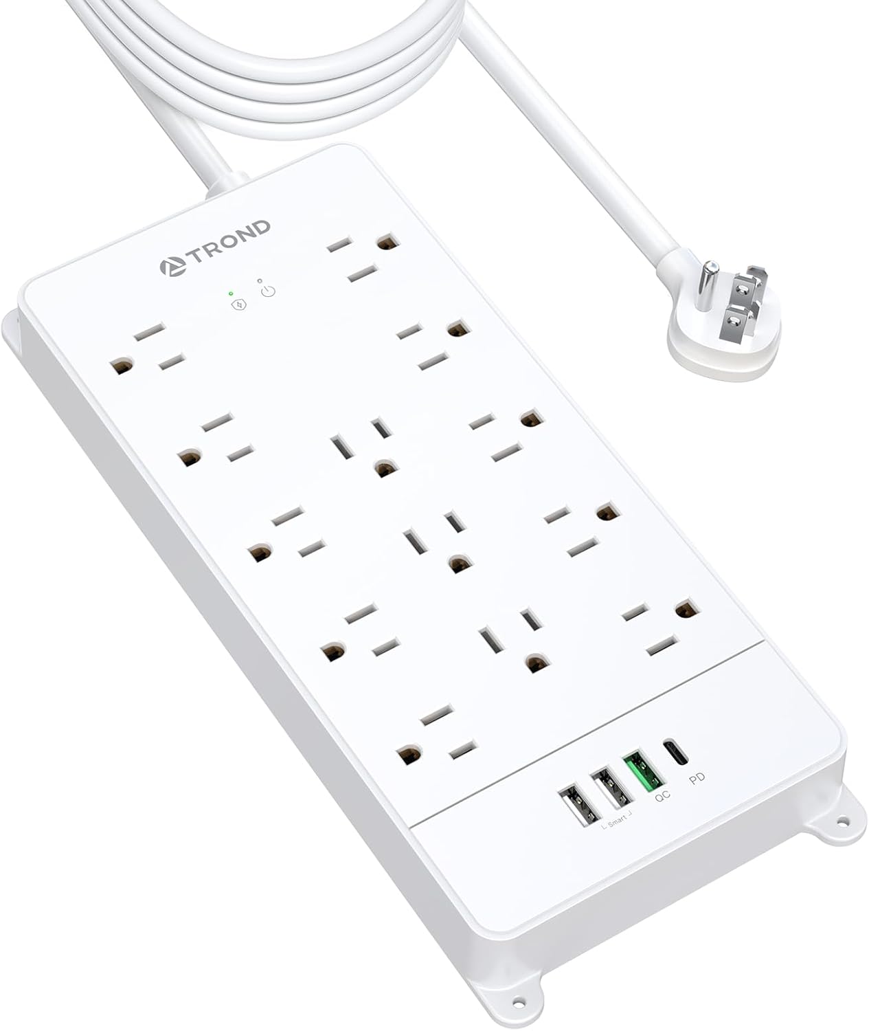 TROND Surge Protector Power Strip 15 ft, Flat Plug Extension Cord, 13 Wide Spaced Outlets, 4000 Joules, 32W Quick Charge 3.0 & USB C, Wall Mount, Under Desk, Heavy Duty, Mountable, ETL Listed, White
