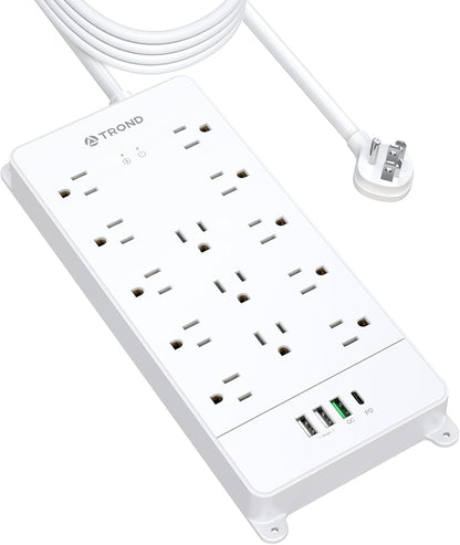 TROND Surge Protector Power Strip 15 ft, Flat Plug Extension Cord, 13 Wide Spaced Outlets, 4000 Joules, 32W Quick Charge 3.0 & USB C, Wall Mount, Under Desk, Heavy Duty, Mountable, ETL Listed, White
