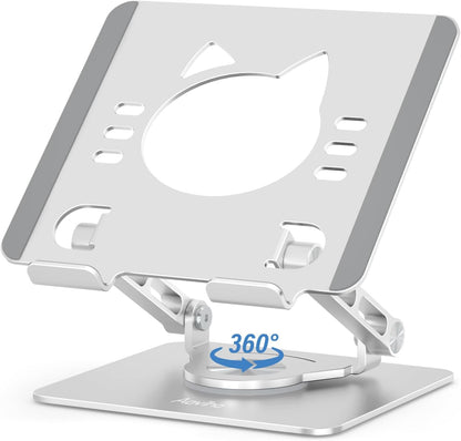 Tablet Stand 360° Rotating Aluminum Holder, Adjustable, Portable and Foldable Monitors Stand for iPads, Compatible with 4-12.9" Tablets, Silver