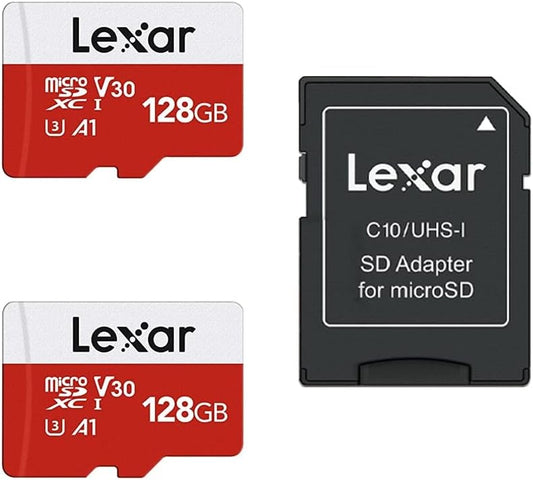 Lexar E-Series 128GB Micro SD Card 2 Pack, microSDXC UHS-I Flash Memory Card with Adapter, 100MB/s, C10, U3, A1, V30, Full HD, 4K UHD, High Speed TF Card