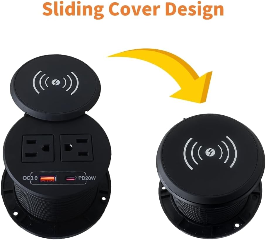 ZESHAN Desk Power Grommet Desktop Power Outlet Sofa Table Outlet with Wireless Charger, USB A, USB C Fast Charging Ports and 2 US Plugs 1.8M Power Cord for Conference Table Desk Furniture, Black