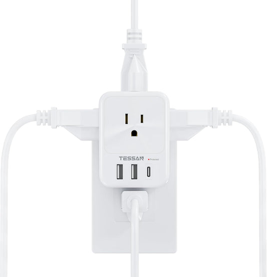 USB Charger Block, TESSAN Outlet Extender Surge Protector with USB C, 4 AC Multi Plug Wall Outlet Splitter 1875W, Electrical Plug Expander for Home Office Dorm Room Essentials, White