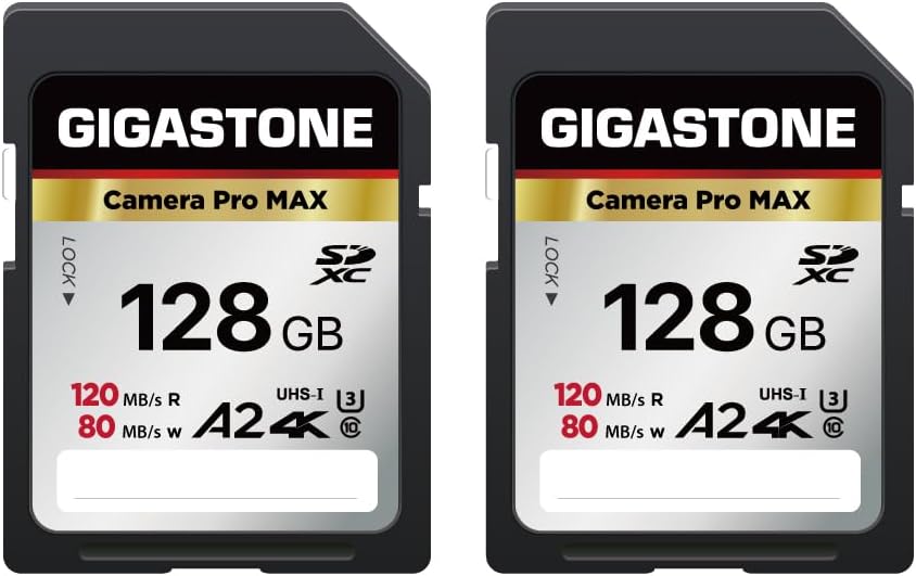 [5-Yrs Free Data Recovery] GIGASTONE 128GB SD Card 2-Pack, 4K Camera Pro MAX, A2 4K SDXC Memory Card High Speed 4K UHD Video Compatible with Canon Kodak Digital Camera, with 2 Mini case