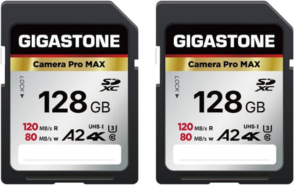 [5-Yrs Free Data Recovery] GIGASTONE 128GB SD Card 2-Pack, 4K Camera Pro MAX, A2 4K SDXC Memory Card High Speed 4K UHD Video Compatible with Canon Kodak Digital Camera, with 2 Mini case