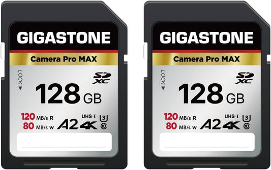 [5-Yrs Free Data Recovery] GIGASTONE 128GB SD Card 2-Pack, 4K Camera Pro MAX, A2 4K SDXC Memory Card High Speed 4K UHD Video Compatible with Canon Kodak Digital Camera, with 2 Mini case