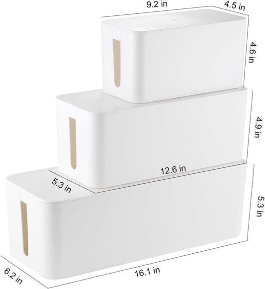 3 Pack Cable Management Box with 18 PCS Cable Management Set - Large & Medium & Small Cable Organizer Box to Hide Wires & Power Strips | TV Cord Organizer Box | for Home & Office, White