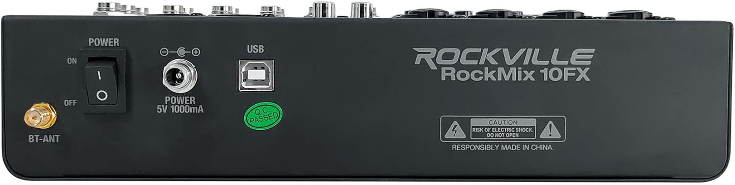 Rockville ROCKMIX 10FX 10-Channel Mixer, USB Recording Interface, Digital Effects, 3-Band EQ, Phantom Power, Bluetooth 5.0, for Home Studio, Podcast, and Live Performance