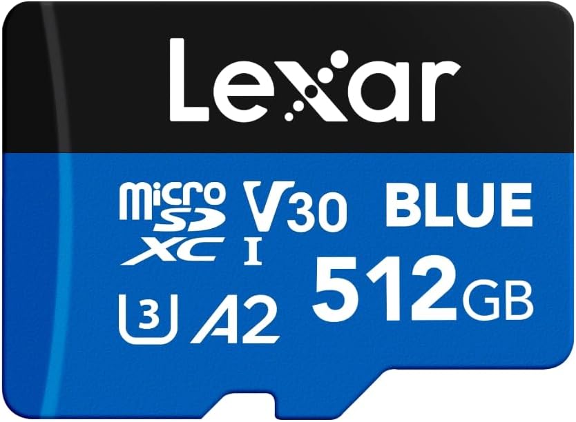 Lexar 512GB Blue Micro SD Card Up to 160MB/s, microSDXC UHS-I Memory Card with SD Adapter, C10, U3, A2, V30, Full HD, 4K UHD, High Speed TF Card