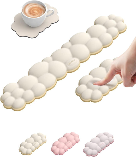 Vaydeer Cloud Keyboard Wrist Rest Set – Ergonomic Memory Foam Wrist Pad for Computer, Laptop & Gaming, Non-Slip Cute Desk Accessories for Office(Keyboard Rest + Mouse Rest + Coaster)