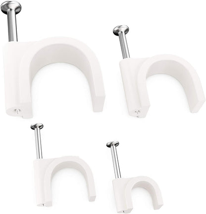 Pro-Grade, Cable Clips with Steel Nails 6mm, 8mm, 10mm, 12mm Size Wire Holders and Tacks 100 Each. Durable, UV Resistant Easy Install Plastic Clips Organize Coax, Ethernet, Cat5, Cat6 and Other Cords