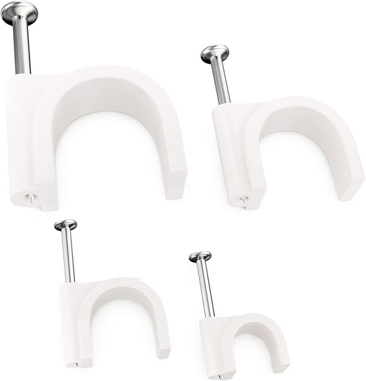 Pro-Grade, Cable Clips with Steel Nails 6mm, 8mm, 10mm, 12mm Size Wire Holders and Tacks 100 Each. Durable, UV Resistant Easy Install Plastic Clips Organize Coax, Ethernet, Cat5, Cat6 and Other Cords