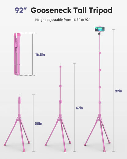 Aureday Phone Tripod, 92" Cell Phone Stand with 15" Gooseneck, Remote and Phone Holder, Overhead & Selfie Stick for Recording/Watching/Vlog, Compatible with iPhone Android, Pink