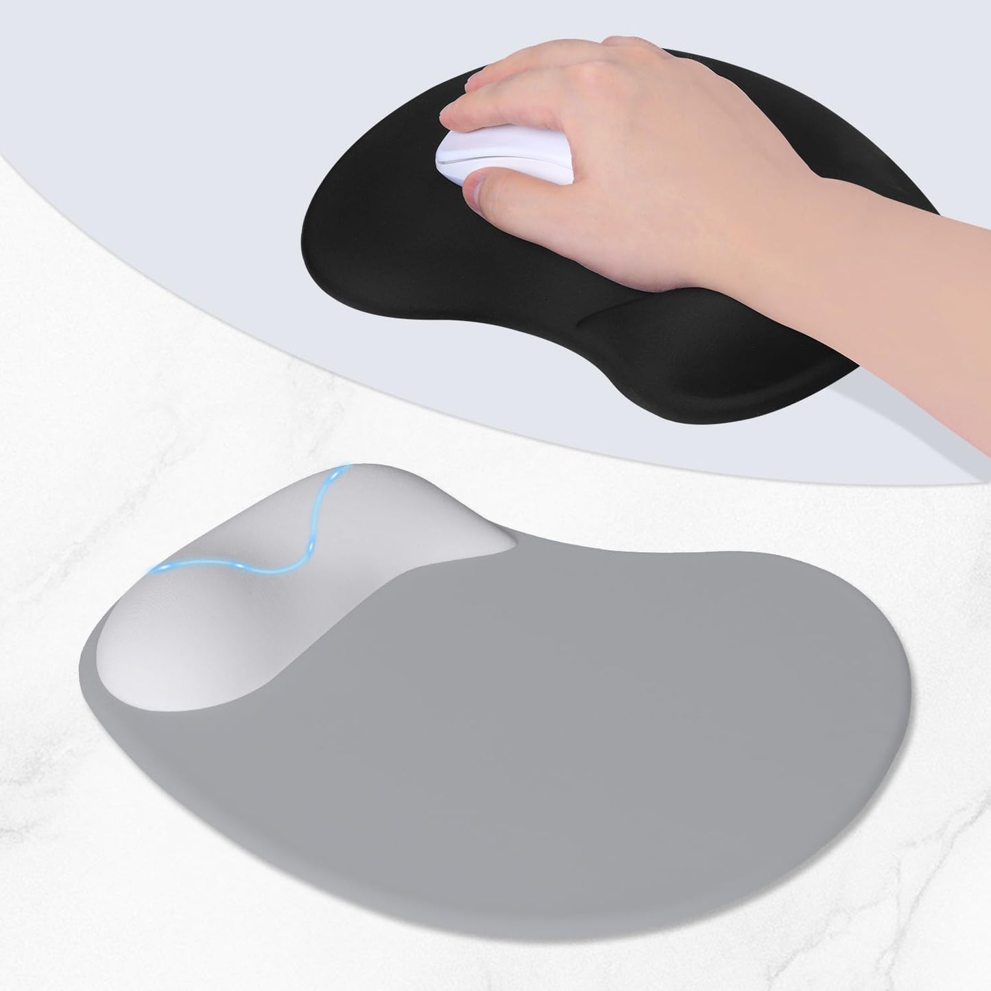 ITNRSIIET Ergonomic Mouse Pad, Cushioned Gel Wrist Rest, Non-Slip Base, Smooth Surface, Compatible with All Mice for Office & Gaming, Desk Accessory, 9.5 x 8.2 inch, Light Gray Accent