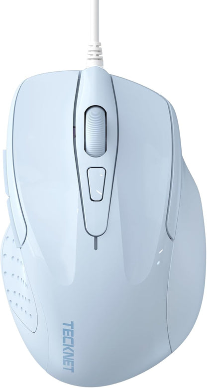 TECKNET Wired Mouse, 6-Button Corded with 4 Adjustable DPI, Optical Mouse with Ergonomic Design and 5FT Cord for Laptop, Chromebook, PC, Desktop, Mac, Notebook - LT.Blue