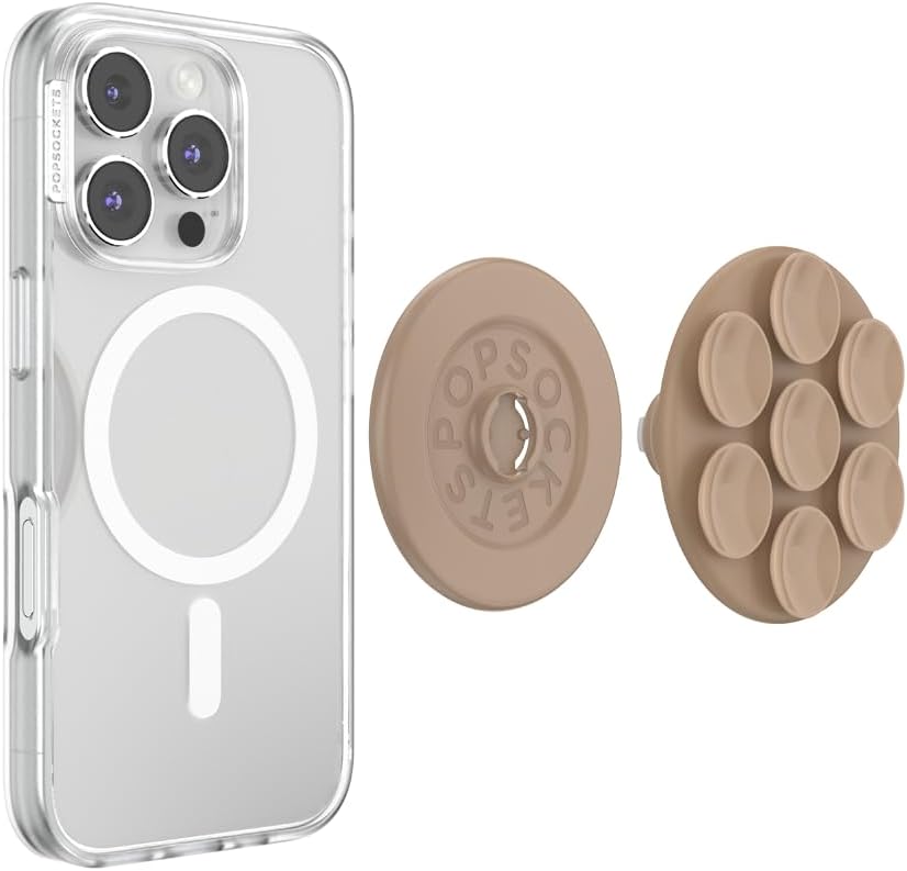 PopSockets Suck-Up™ Suction Grip & Stand, 3-in-1 MagSafe Phone Mount for iPhone, Strong Hold on Mirrors & Glass, Swappable Top, Portable & Reusable - Latte