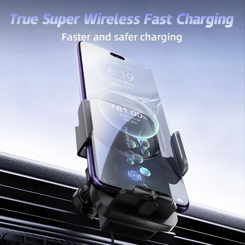 Magnetic Phone Holder Car Wireless Charger, 66W Fast Charging Phone Mount 360 Adjustable Rotatable Auto-Clamping Car Vent for Mount - Dashboard Phone Holder for iPhone/Android/Samsung (Black)