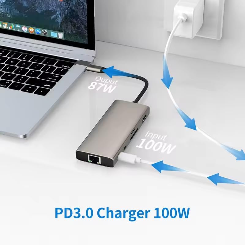 USB C HUB Dongle, 10-in-1 USB C Adapter Docking Station with 4K HDMI, Type C PD, USB C Data, USB3.0, RJ45 Ethernet, SD/TF Card Reader, Other Type C Latops Devices