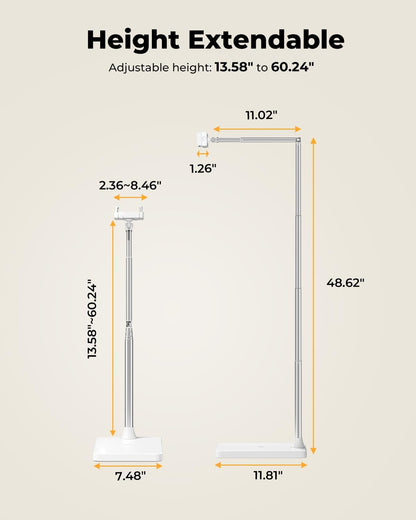 Extended Tablet Floor Stand, 360 Rotating Adjustable iPad Floor Holder with Long Flexible Arm, Compatible with 4-13" Devices, Stand for Bedside, Sofaside, Table, Desk (White)