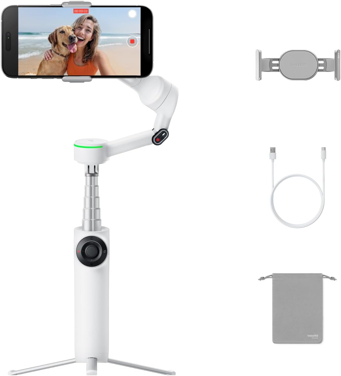 Insta360 Flow 2 Pro White - Foldable AI Phone Gimbal, Track in 200+ iOS Apps, Multi-Person & 360 Pan Tracking, Built-in Tripod/Selfie Stick, iPhone/Android Stabilizer