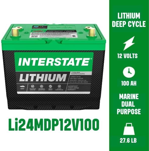 Interstate Batteries 12V 100Ah Group Size 24M Lithium Marine Dual Purpose Deep Cycle LiFePO4 Battery, Maintenance Free, Lightweight, Ideal For Boats with 1,000 Marine Cranking Amps (Li24MDP12V100)