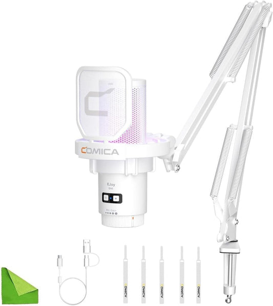 COMICA EJoy Uni A USB Microphone for Computer and Smartphone,RGB Cardioid Condenser Gaming Mic for Podcasting,Streaming,Recording,Music Creation,with Boom Arm Stand-White