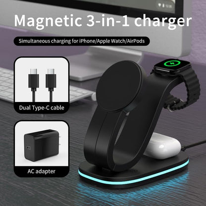 3 in 1 Wireless Charging Station for Qi2 Apple Multiple Devices, 30W USB C Adapter&Light, Fast Magnetic Charger Stand Compatible with iPhone 16 15 14 Pro Max, Apple Watch Series 10 9 & Airpods 4 3 Pro