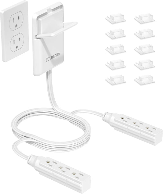 6FT Ultra Flat Plug Dual Extension Cord with 6 Outlets, Ultra-Thin Outlet Cover Power Bar, Outlet Concealer Universal Size Flat Plug Power Strip, Child & Pet Safe, 1625W, White