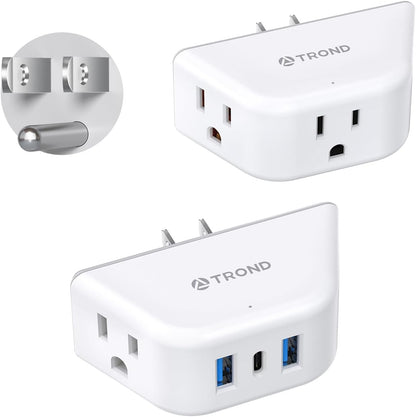 TROND Multi Plug Outlet Extender with USB - 2 Pack Wall Splitter, 3 Way Angled Outlet Adapter, Cruise Essentials, Small Multiple Expander for Cruise Ship Travel Home Office Dorm Room