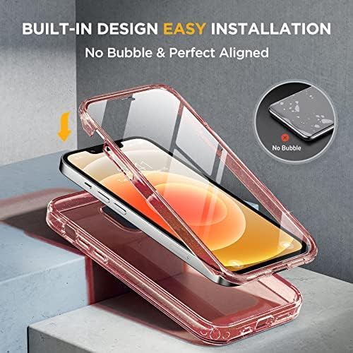 Miracase Glass Series for iPhone 12/12 Pro Case 6.1 inch, Upgraded Full-Body Rugged Phone Bumper Case Cover with Built-in 9H Tempered Glass Screen Protector and Camera Protector, Glitter Rose