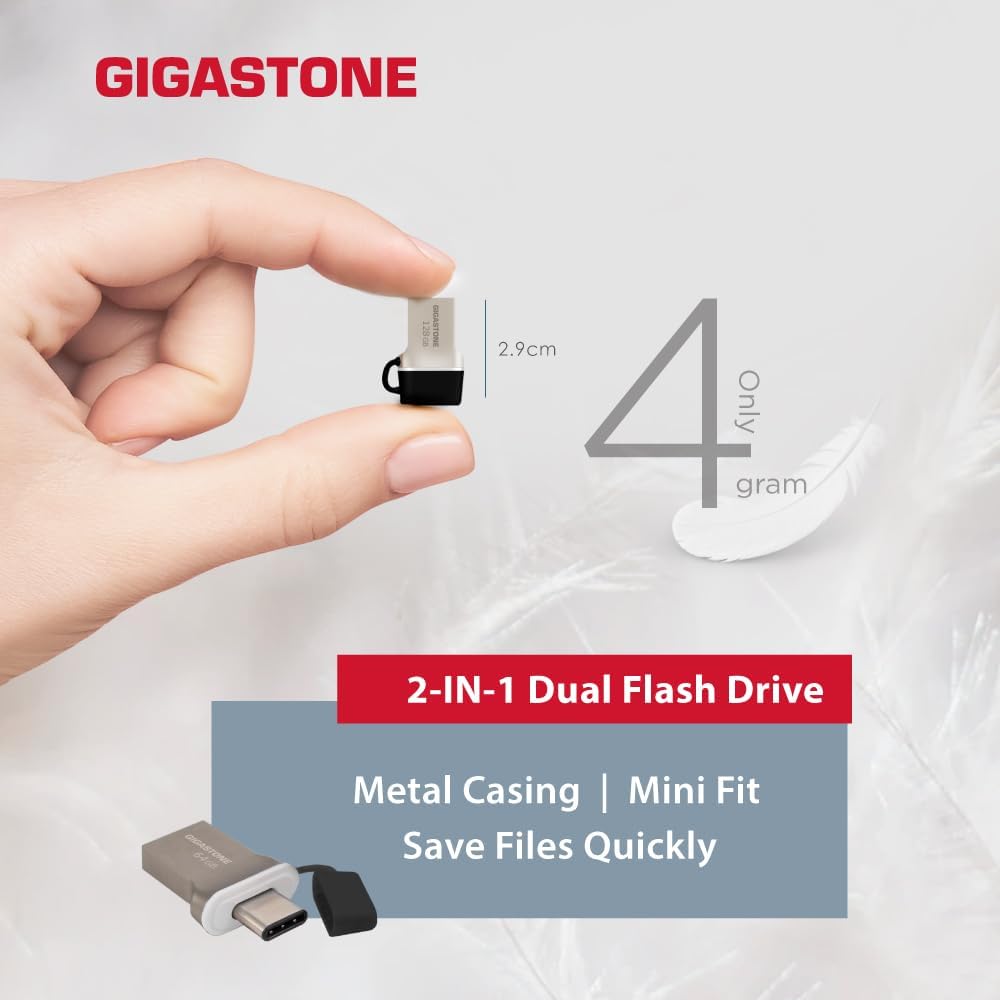 GIGASTONE 32GB Nano Luxus Dual Drive (5 Pack) Z50 USB 3.2 Gen 1, 2-in-1 USB-A & Type-C, 100MB/s Ultra Fast, Cap Design, Metal, Plug & Play for Smartphone/PC/Mac/TV/Car, 2.0/3.0/3.1 Compatible