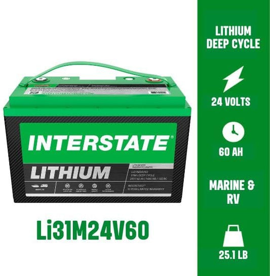 Interstate Batteries 24V 60Ah Group Size 31M Lithium Marine/RV Deep Cycle LiFePO4 Battery, Maintenance Free, Lightweight, Ideal For Boats, Trolling Motors, RV Camping, Off-Grid, Yachts (Li31M24V60)