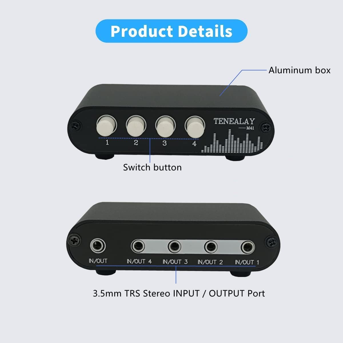 4 in 1 Out / 1 in 4 Out AUX 3.5mm Stereo Audio Input Signal Source Switcher, 4-Way Switch Selector Splitter Box M41