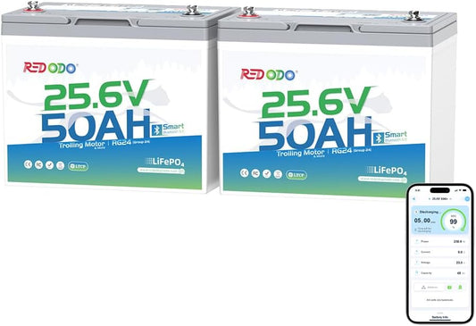 Redodo Bluetooth 24V 50Ah TM Low-Temp LiFePO4 Battery, Smart Lithium Battery Built in 50Ah BMS, 10 Years Lifespan, Perfect for Trolling Motor, Marine, RV, Fishing Finder, Solar and Off Grid-2 Pack