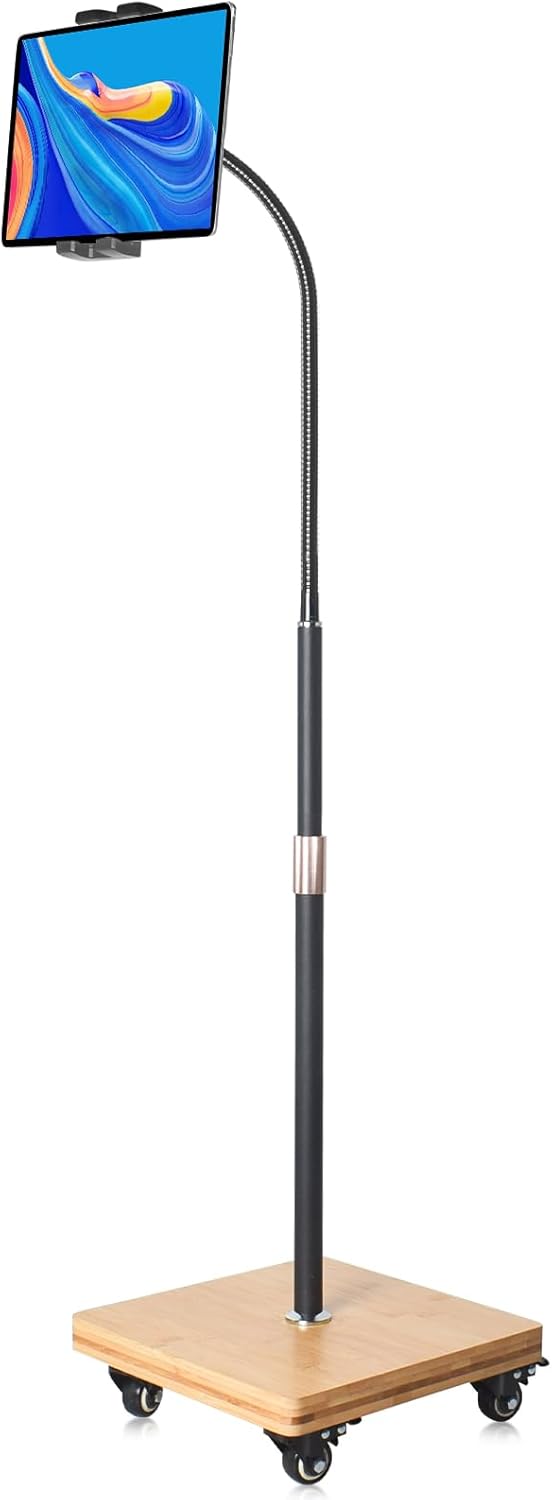 wishacc Tablet Floor Stand for Bed - Gooseneck Tablet Holder Mount with Adjustable Height and 4 Wheels, Compatible with iPad mini Air Pro 12.9/9.7, Galaxy Tab, Kindle, Cell Phones (4.7"-13")